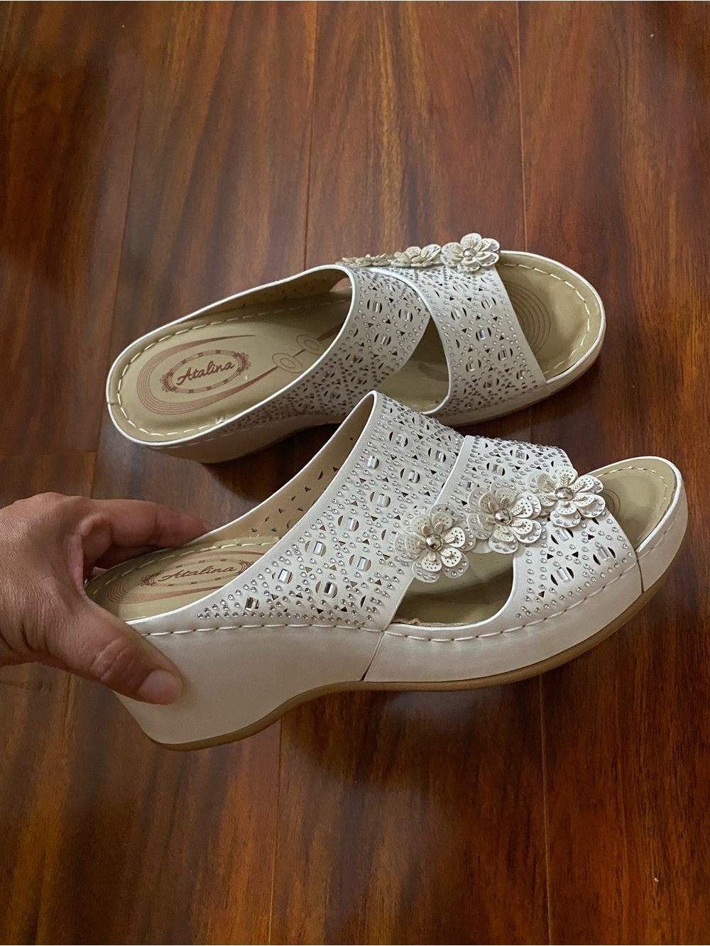 Catalina Cream Floral Laser-Cut Wedge Mules